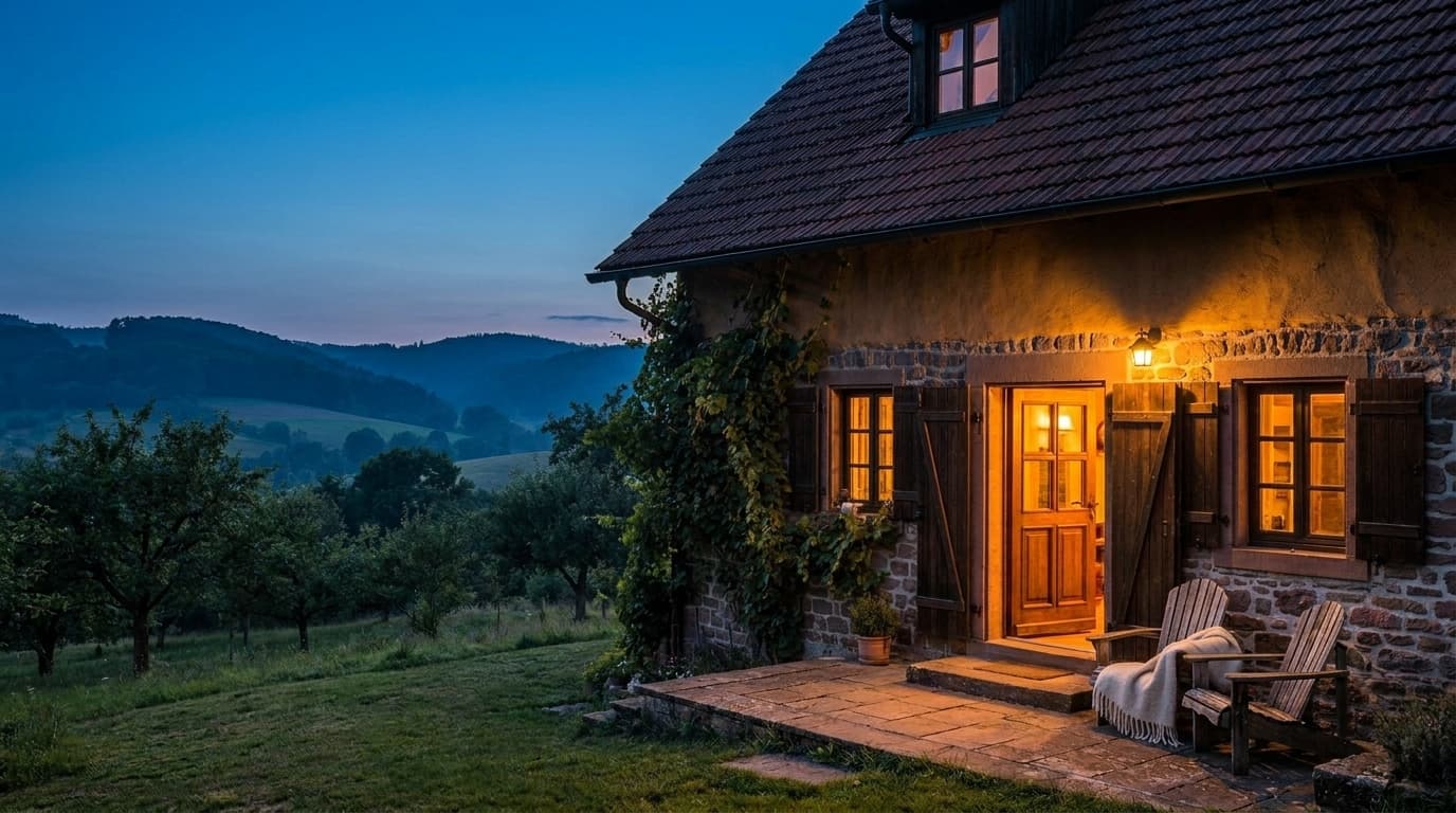 Die offene Tür der Ferienwohnung, warm erleuchtet in der Abenddämmerung