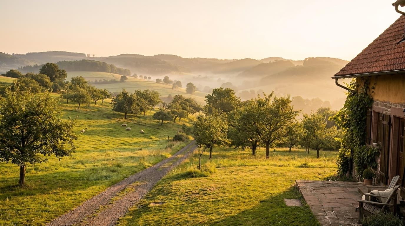 Blick über die Hügel und Wiesen rund um die Ferienwohnung