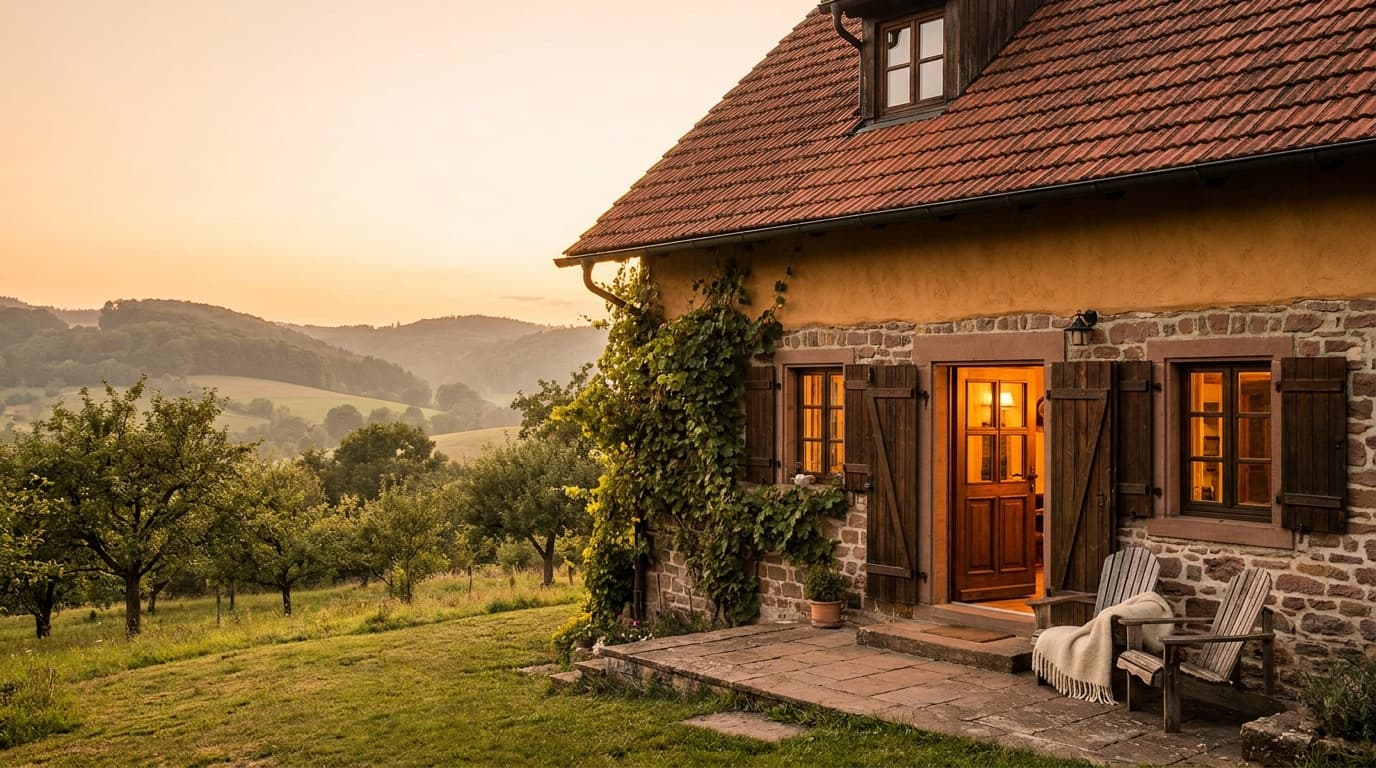 Die Ferienwohnung im goldenen Abendlicht, Terrasse und Eingang