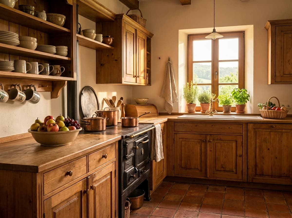 Kleine Küche der Ferienwohnung mit Blick ins Grüne