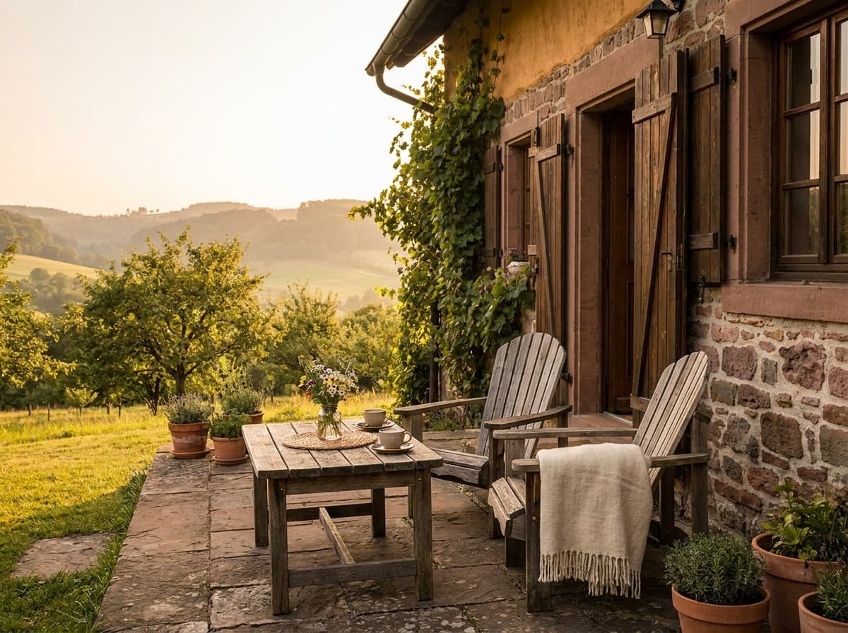 Kleine Terrasse der Ferienwohnung mit Tisch und Blick über die Hügel