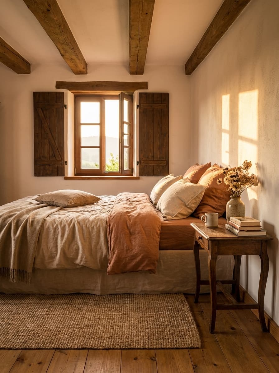 Ruhige Schlafzimmerecke der Ferienwohnung mit warmem Licht
